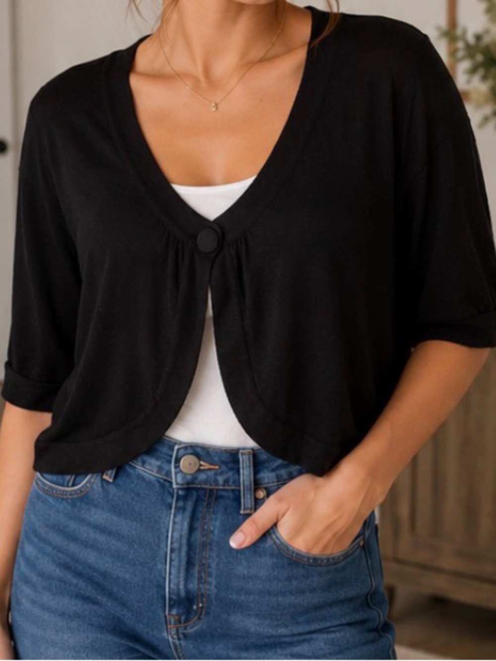 George Black Open Cropped Button-Front Bolero Cardigan